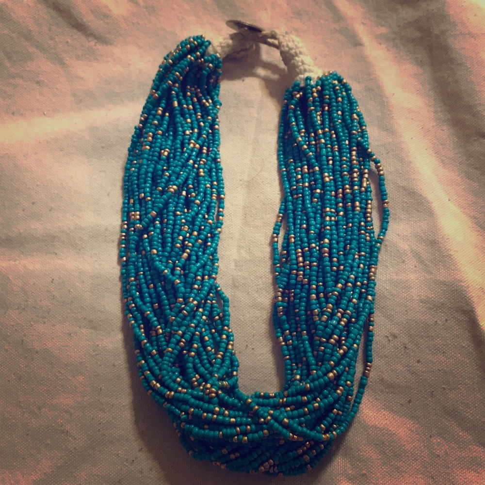 Blue and gold beaded necklace